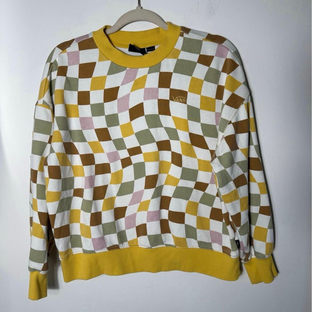 Vans XS Oversized Slouchy Warped Wavy Checkerboard Crewneck Sweatshirt Groovy